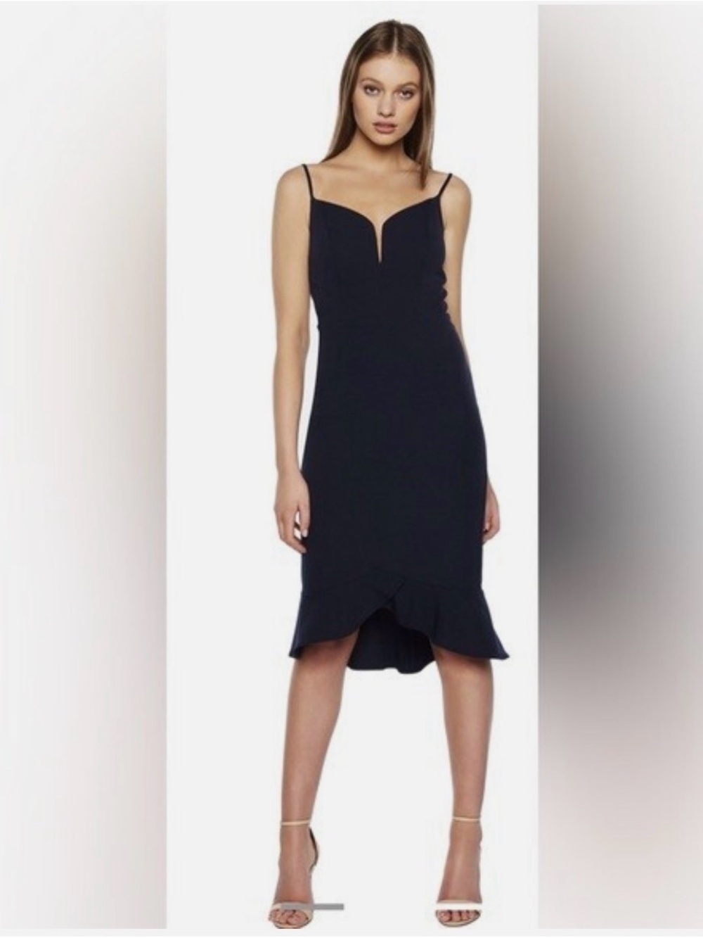 NWT BARDOT Kristen Peplum Spaghetti Strap Midi Dress in Black Size Medium